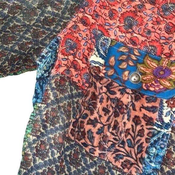 Lucky Brand Womens Sheer Patchwork Button-Up Shirt S Rayon Boho Design - Picture 5 of 10